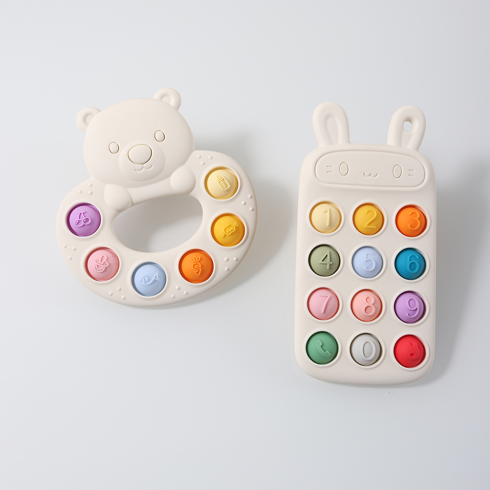 Baby Products Best - 2025 新しいベビーベアシリコンプッシュポップおしゃぶり – カラフルなポップチェーン付きホワイトチューおもちゃ、幼児用感覚そわそわおもちゃ