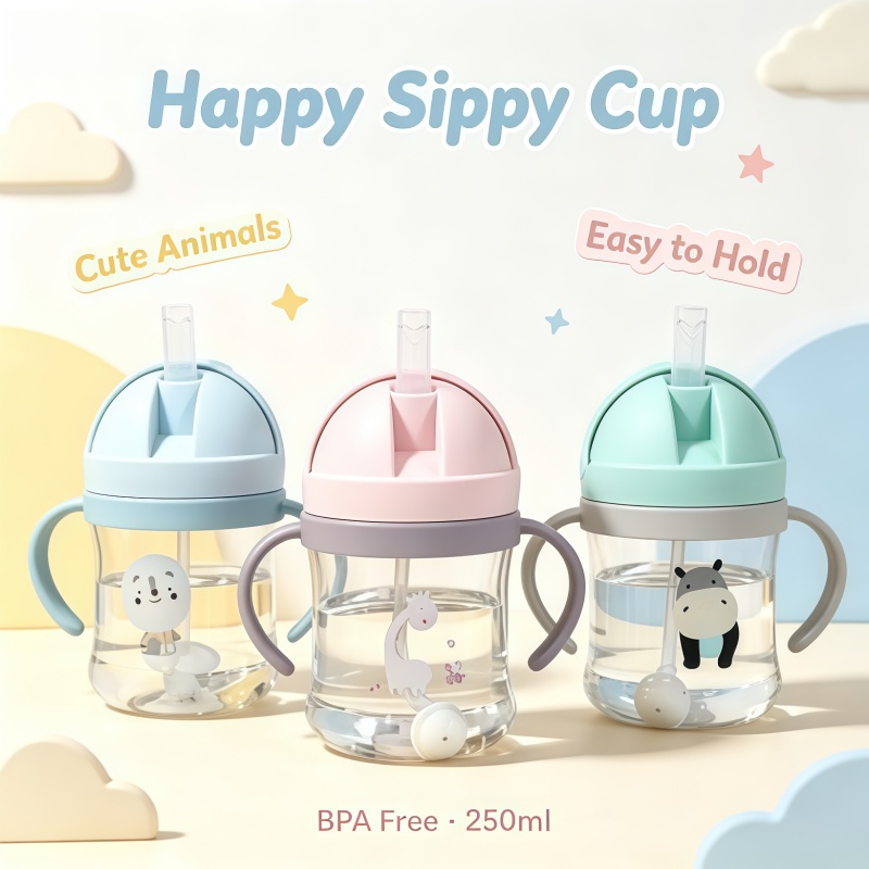 Baby Products Best - 新しい漫画パターン屋外子供用飲料ボトルストロー付きベビー授乳カップトレーニングポータブルハンドルウォーターボトルウォーターカップ
